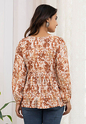 Digital Printed Viscose Rayon A Line Kurti in Cream