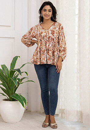 Digital Printed Viscose Rayon A Line Kurti in Cream