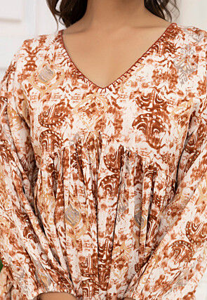 Digital Printed Viscose Rayon A Line Kurti in Cream