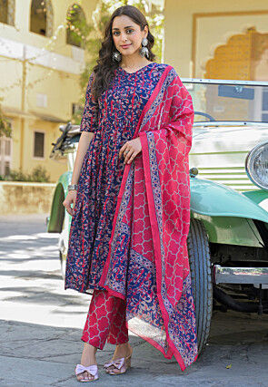 Digital Printed Viscose Rayon A Line Suit in Dark Blue