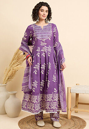 Digital Printed Viscose Rayon A Line Suit in Purple