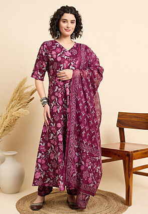 Digital Printed Viscose Rayon A Line Suit in Purple