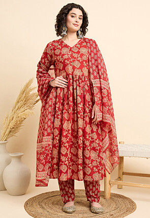 Digital Printed Viscose Rayon A Line Suit in Red