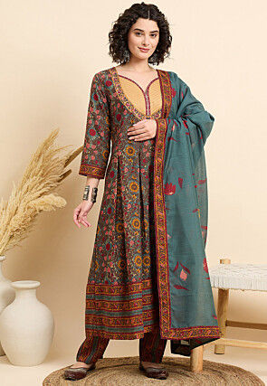 Digital Printed Viscose Rayon A Line Suit in Teal Blue