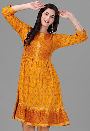 Digital Printed Viscose Rayon Aline Dress in Mustard