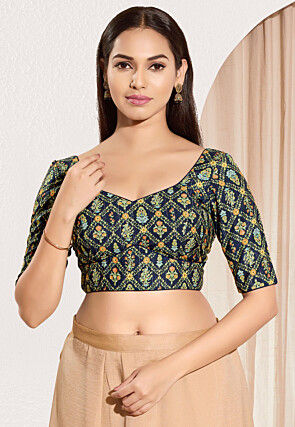Digital Printed Viscose Rayon Blouse in Navy Blue