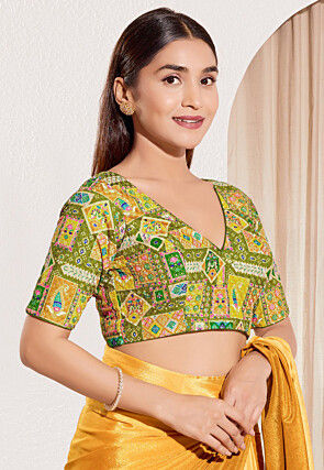 Digital Printed Viscose Rayon Blouse in Olive Green