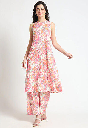 Digital Printed Viscose Rayon Co Ord Set in White and Multicolor