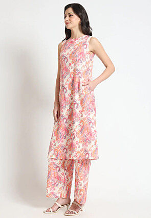 Digital Printed Viscose Rayon Co Ord Set in White and Multicolor