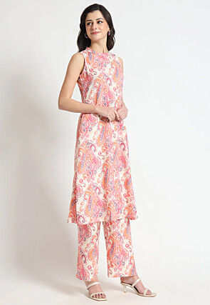 Digital Printed Viscose Rayon Co Ord Set in White and Multicolor