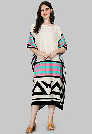 Digital Printed Viscose Rayon Kaftan Dress in Beige