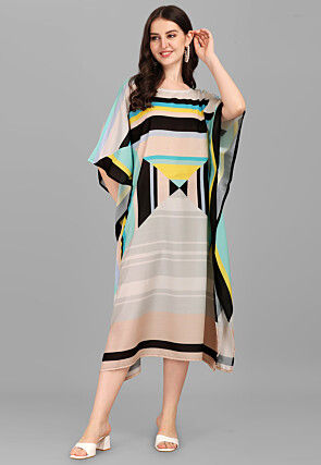 Digital Printed Viscose Rayon Kaftan Dress in Beige