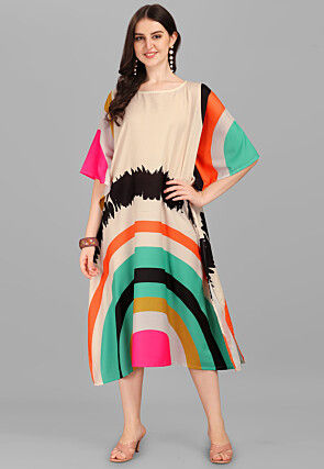 Digital Printed Viscose Rayon Kaftan Dress in Beige