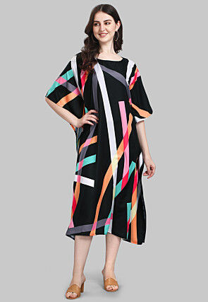 Digital Printed Viscose Rayon Kaftan Dress in Black