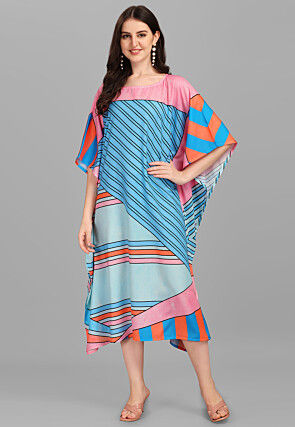 Digital Printed Viscose Rayon Kaftan Dress in Blue and Pink