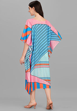 Digital Printed Viscose Rayon Kaftan Dress in Blue and Pink