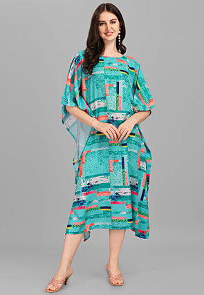 Digital Printed Viscose Rayon Kaftan Dress in Blue