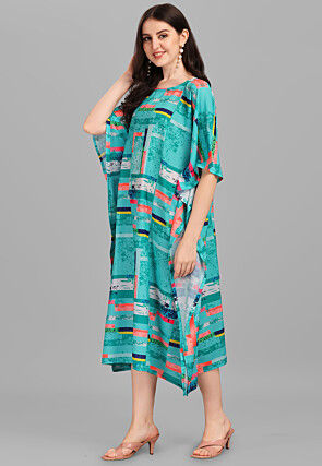 Digital Printed Viscose Rayon Kaftan Dress in Blue