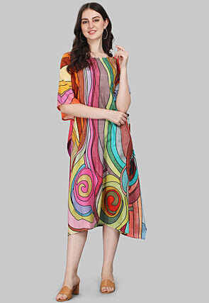 Digital Printed Viscose Rayon Kaftan Dress in Multicolor