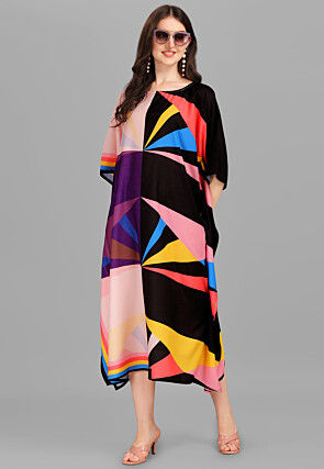 Digital Printed Viscose Rayon Kaftan Dress in Multicolor
