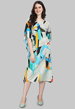 Digital Printed Viscose Rayon Kaftan Dress in Off White