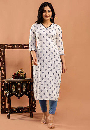 Digital Printed Viscose Rayon Lurex Straight Kurta in Off White
