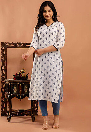 Digital Printed Viscose Rayon Lurex Straight Kurta in Off White