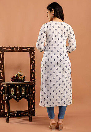 Digital Printed Viscose Rayon Lurex Straight Kurta in Off White