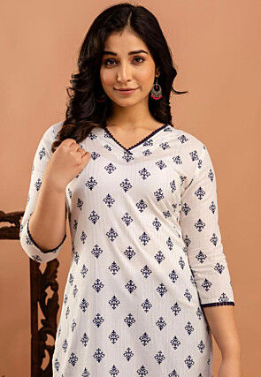 Digital Printed Viscose Rayon Lurex Straight Kurta in Off White