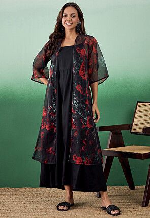 Digital Printed Viscose Rayon Midi Dress in Black