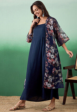 Digital Printed Viscose Rayon Midi Dress in Navy Blue