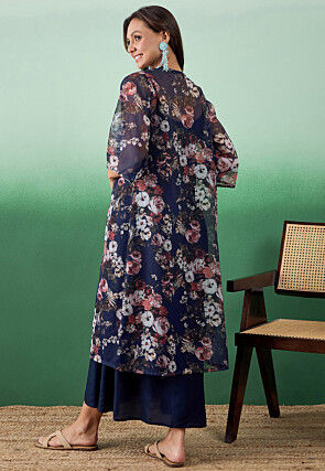 Digital Printed Viscose Rayon Midi Dress in Navy Blue