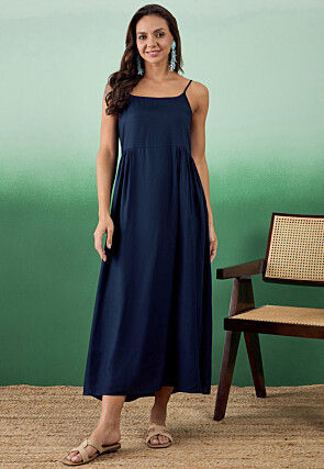 Digital Printed Viscose Rayon Midi Dress in Navy Blue