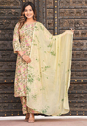 Digital Printed Viscose Rayon Pakistani Suit in Beige