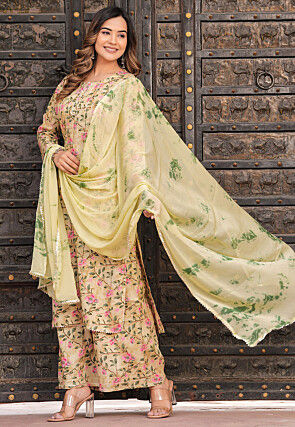 Digital Printed Viscose Rayon Pakistani Suit in Beige