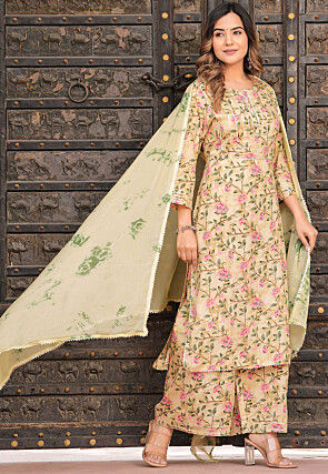 Digital Printed Viscose Rayon Pakistani Suit in Beige