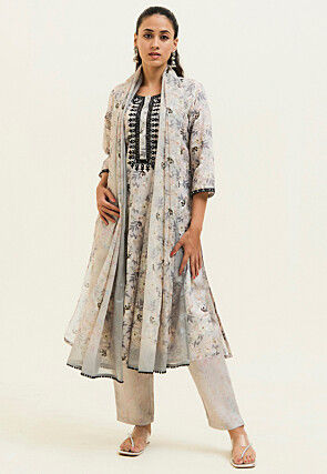 Digital Printed Viscose Rayon Pakistani Suit in Light Grey