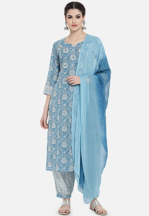 Digital Printed Viscose Rayon Punjabi Suit in Light Blue