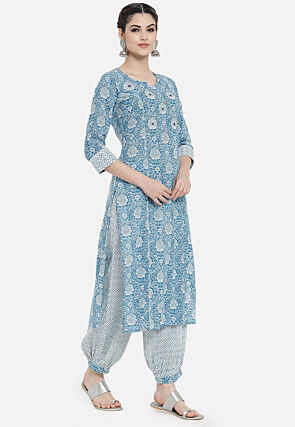 Digital Printed Viscose Rayon Punjabi Suit in Light Blue