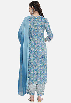 Digital Printed Viscose Rayon Punjabi Suit in Light Blue