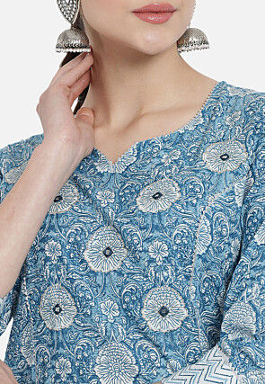 Digital Printed Viscose Rayon Punjabi Suit in Light Blue