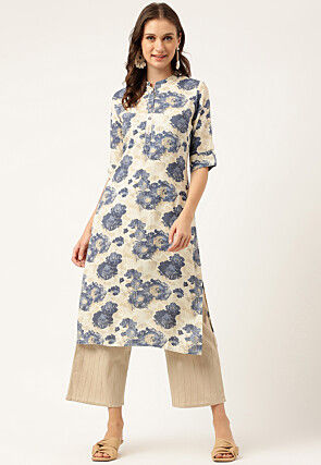 Digital Printed Viscose Rayon Straight Kurta in Beige and Blue
