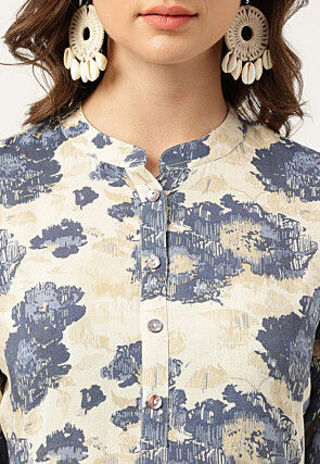 Digital Printed Viscose Rayon Straight Kurta in Beige and Blue