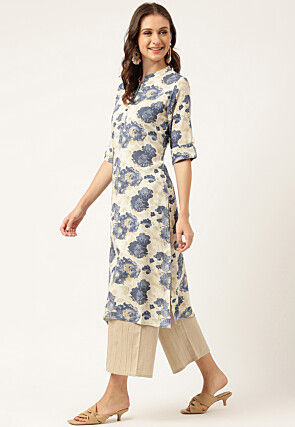 Digital Printed Viscose Rayon Straight Kurta in Beige and Blue