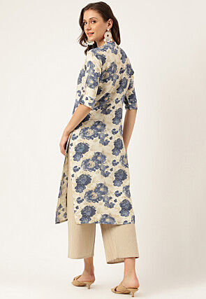 Digital Printed Viscose Rayon Straight Kurta in Beige and Blue