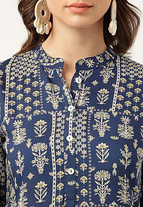 Digital Printed Viscose Rayon Straight Kurta in Navy Blue