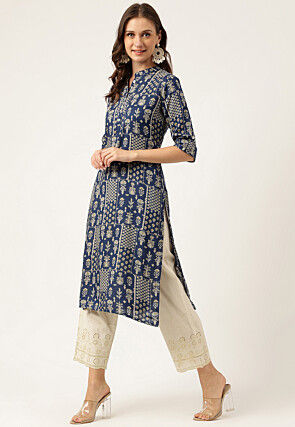 Digital Printed Viscose Rayon Straight Kurta in Navy Blue