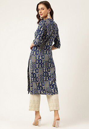 Digital Printed Viscose Rayon Straight Kurta in Navy Blue