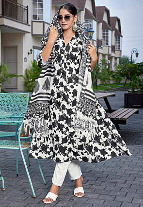 Digital Printed Viscose Silk A Line Suit in Off White