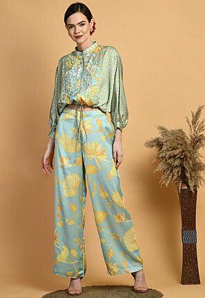 Digital Printed Viscose Silk Crop Top Set in Dusty Green